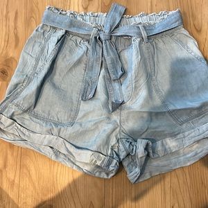 Soft, tie front shorts. Light blue